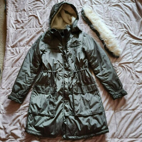 H&M Coat Olive Green Fur Hooded Puffer Parka Jacket Size S Vintage Y2k - Picture 6 of 8